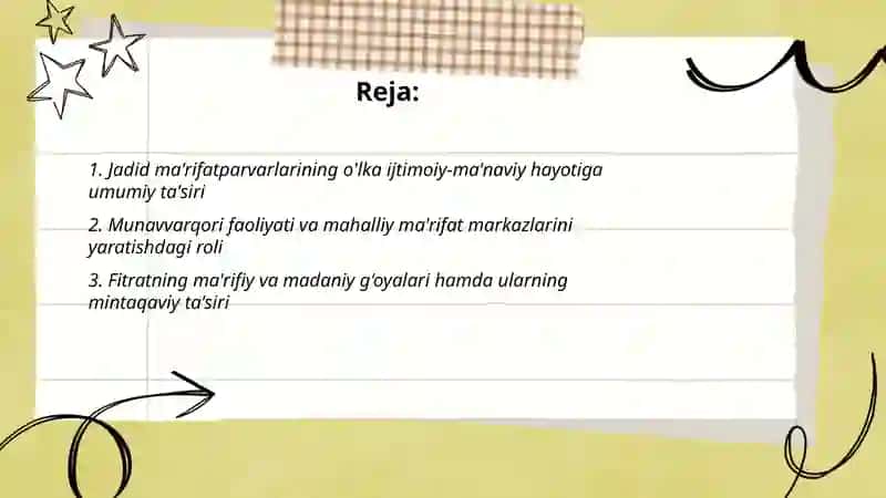 Jadid ma'rifatparvarlarining o'lka ijtimoiy-ma'naviy hayotida tutgan o'rni (Munavvarqori, Fitrat, Behbudiy, Avloniy va boshqalar.) 2