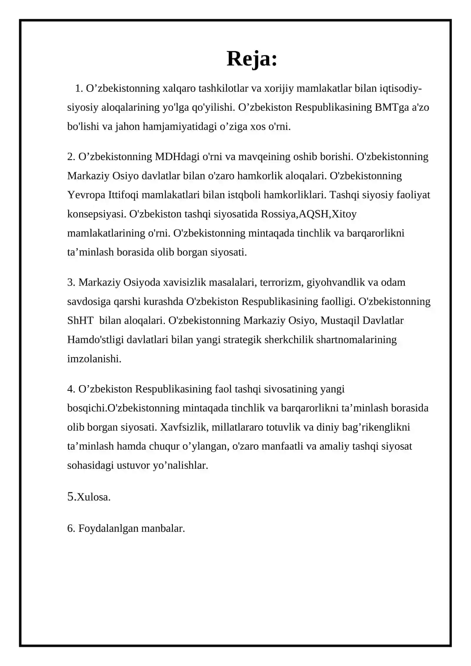 O’zbekistonning Xalqaro Tashkilotlar Bilan Hamkorlik Referati 2