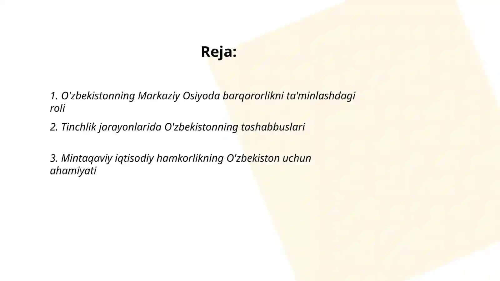O'zbekistonning Markaziy Osiyoda tinchlik va barqarorlikni ta’minlashdagi o'rni 2