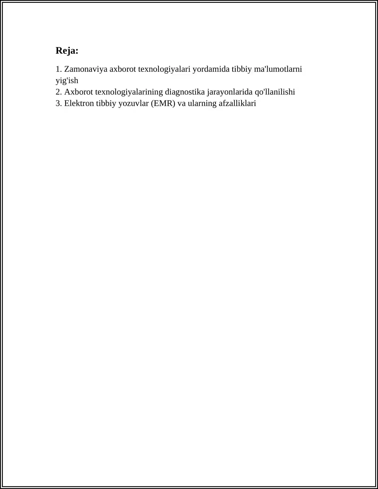 ZAMONAVIY AXBOROT TEXNOLOGIYALARINING BUGUNGI KUNDA FOYDALANISH DARAJASI ULARNI TIBBIYOTNING TURLI SOXALARIDA MAʼLUMOT TOʻPLASHDA DIAGNOSTIKA VA DAVOLASHDA TUTGAN OʻRNI 2