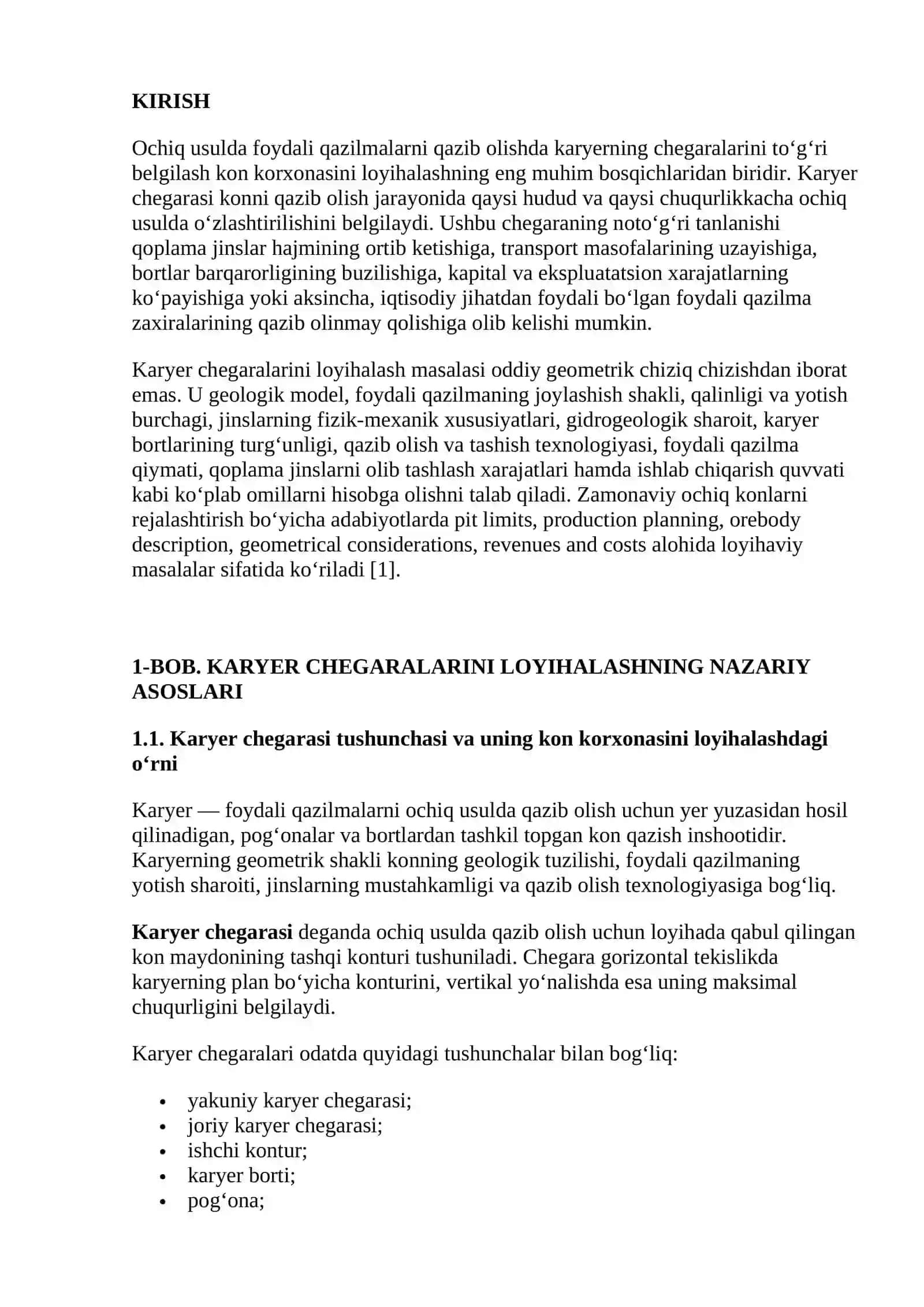 KARYER CHEGARALARINI LOYIHALASH 2