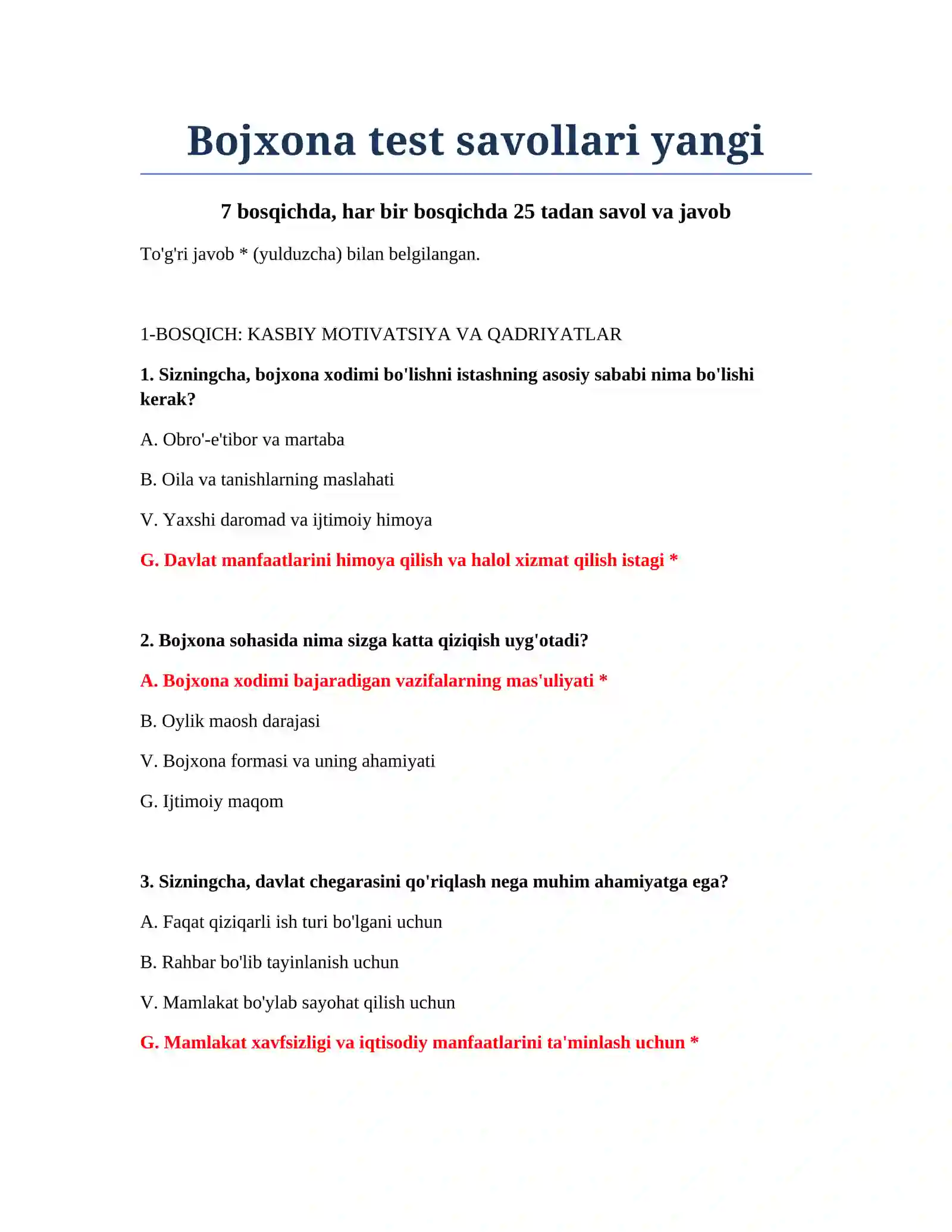 Bojxona test savollari yangi 2