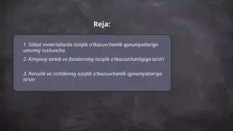 Silikat materiallarda issiqlik oʻtkazuvchanlik qpnuniyatlari 2