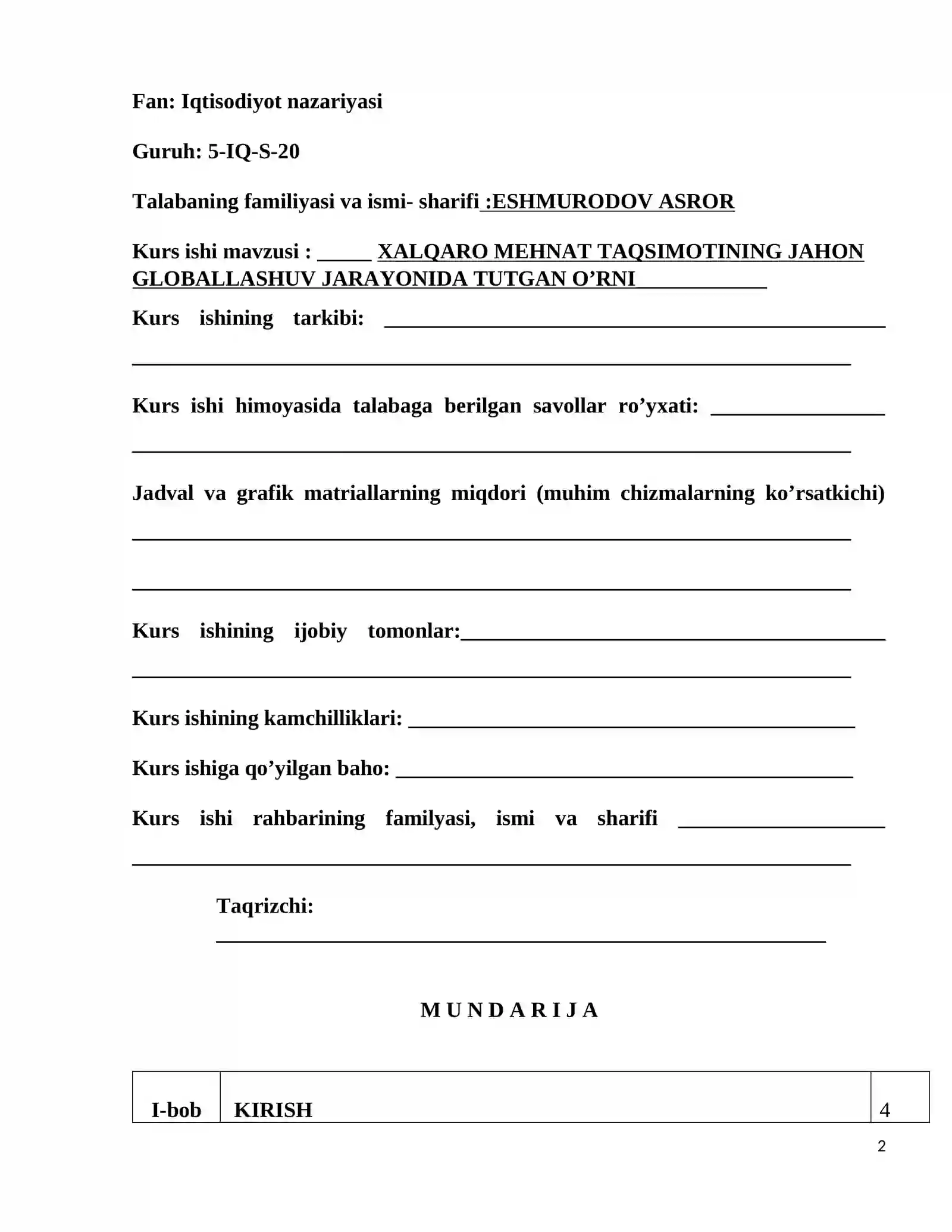 XALQARO MEHNAT TAQSIMOTINING JAHON GLOBALLASHUV JARAYONIDA TUTGAN O’RNI 2