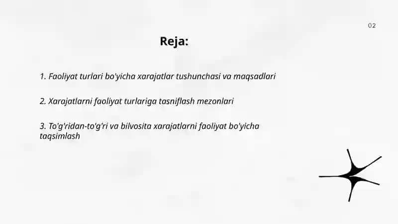 Faoliyat turlari bo'yicha xarajarlarni hisobga olish 2