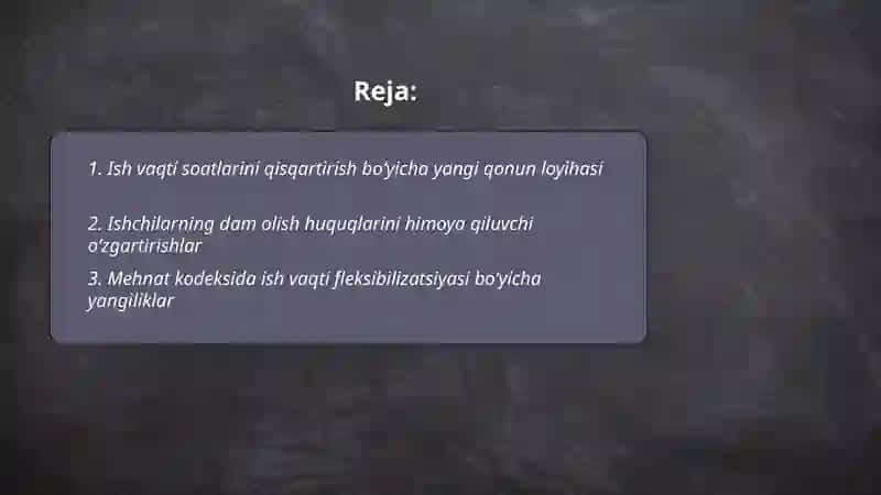 Ish vaqti soatlarini qisqartirish bo‘yicha yangi qonun loyihasi 2