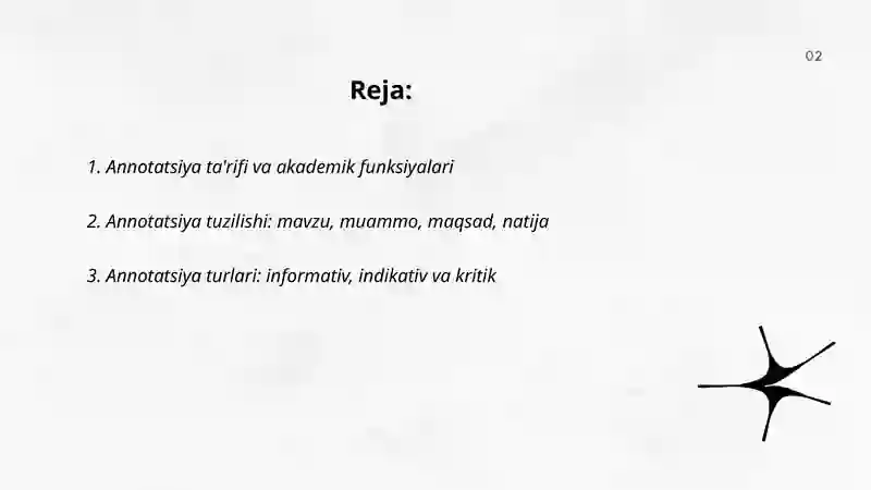 Annotatsiya va tezis akademik yozuv janrlari sifatida mavzusida 15 ta test tuzish kk 2