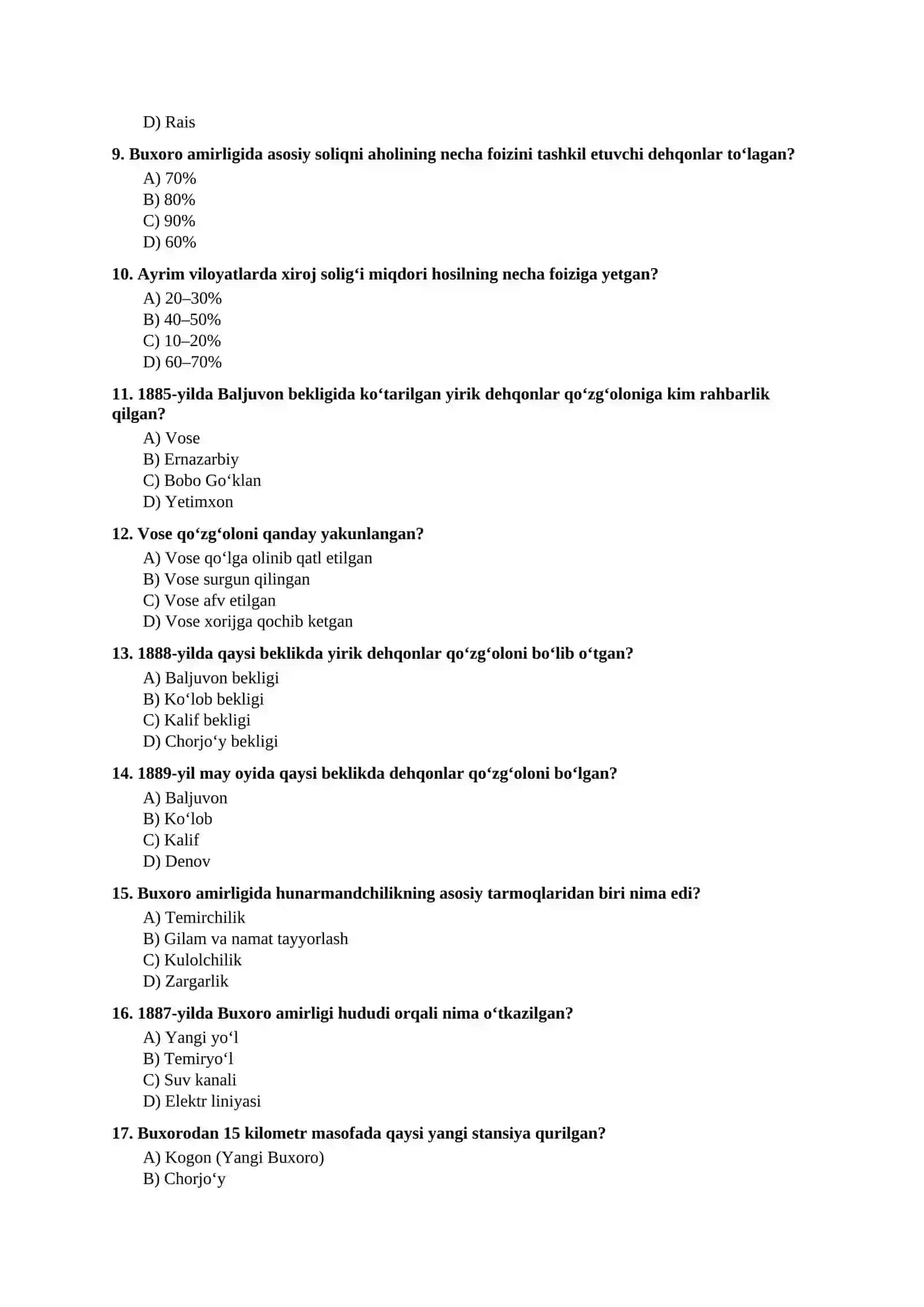 Mavzulashtirilgan testlar | 9-SINF O‘ZBEKISTON TARIXI VIII boʻlim 2
