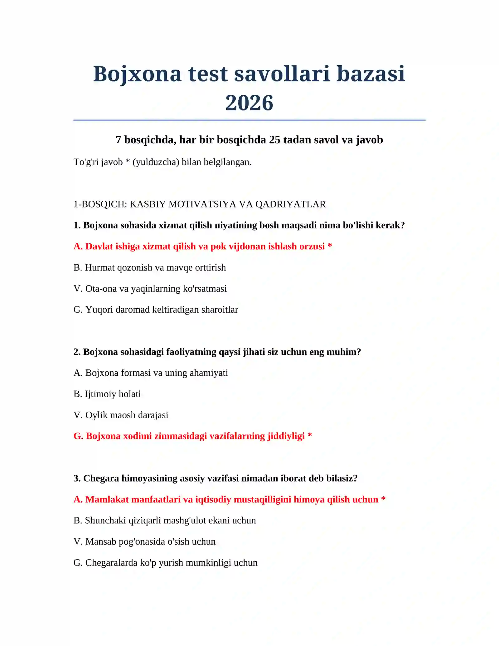 Bojxona test savollari bazasi 2026 2