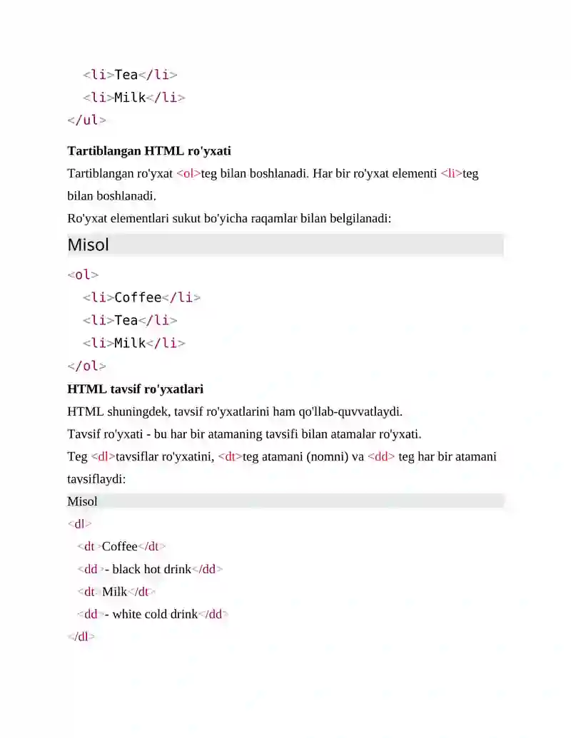 HTML ro'yxatlar bilan ishlash (kodlari bilan) 2