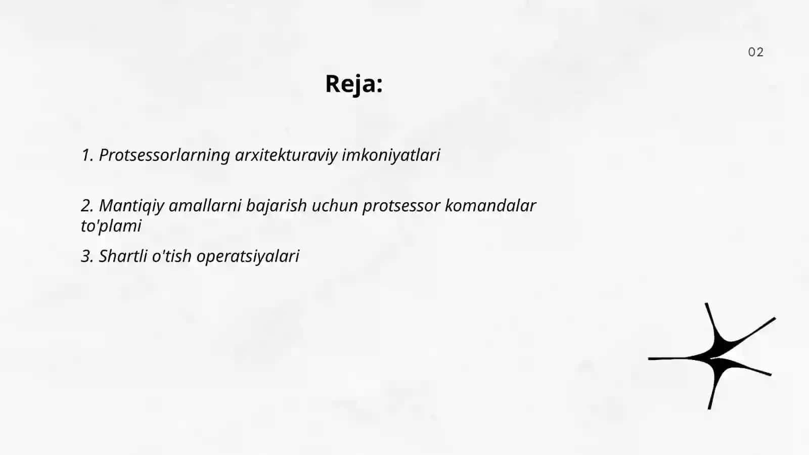 Protsessorlarning imkonyatlarini o`rnatish. Protsessorlarda ma’lumotlar ustida mantiqiy amallar bajarish va shartli o`tishni tashkil qilishning dasturiy usulllarini o`rganish 2