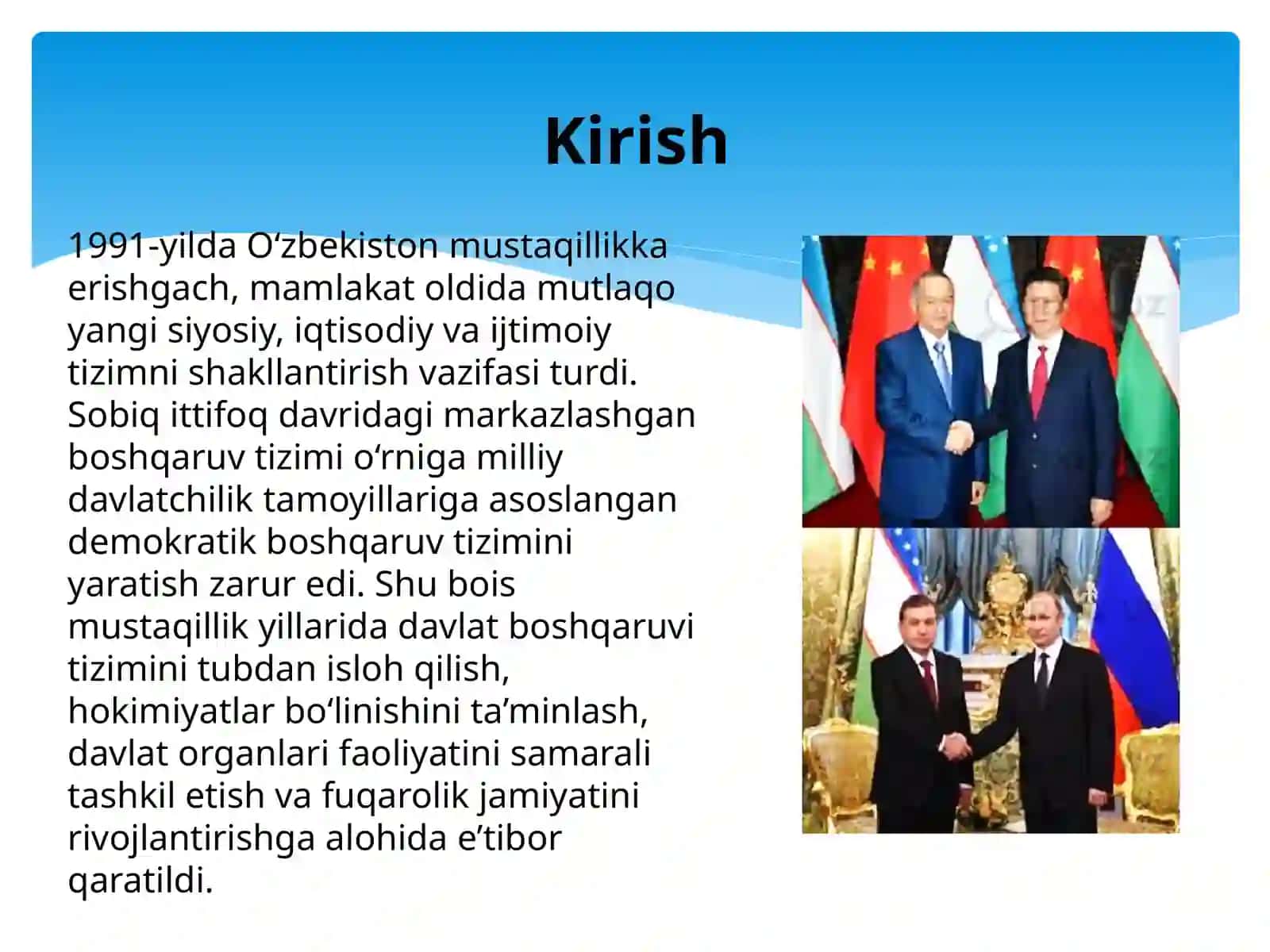 MUSTAQILLIK YILLARIDA DAVLAT BOSHQARUVI TIZIMIDA AMALGA OSHIRILGAN ISLOHOTLARtarix 2