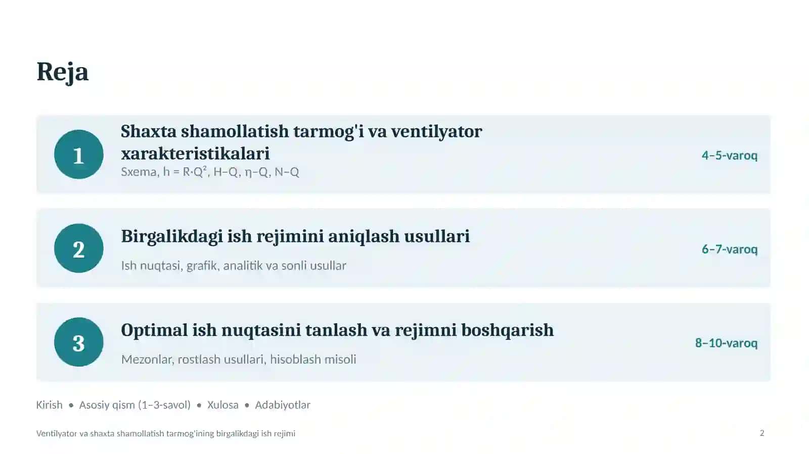 Ventilyator va shaxta shamollatish tarmog'ining birgalikdagi ish rejimini aniqlash va optimal ish nuqtasini tanlash 2