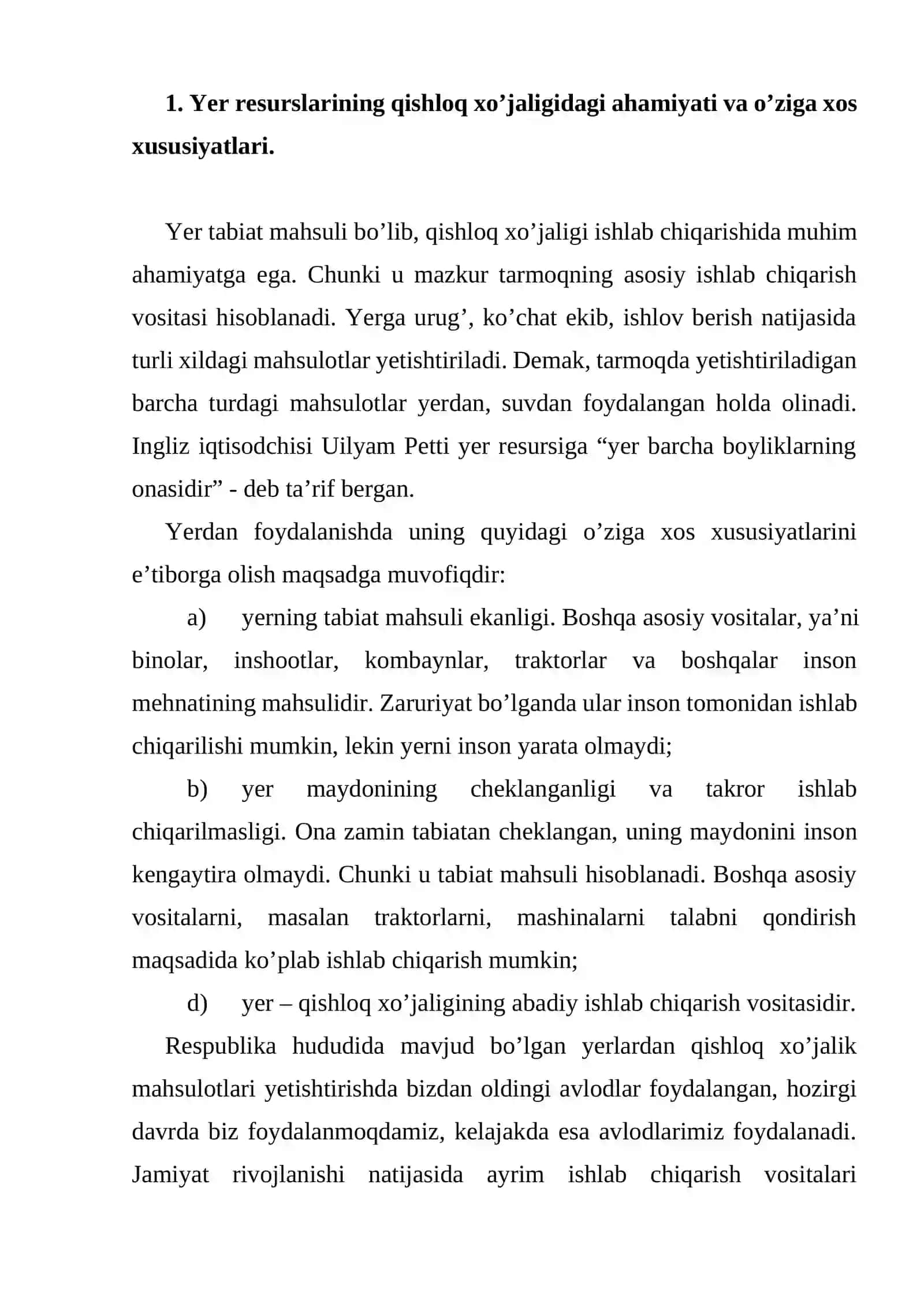 Yer resurslarining qishloq xo’jaligidagi ahamiyati va o’ziga xos xususiyatlari 2
