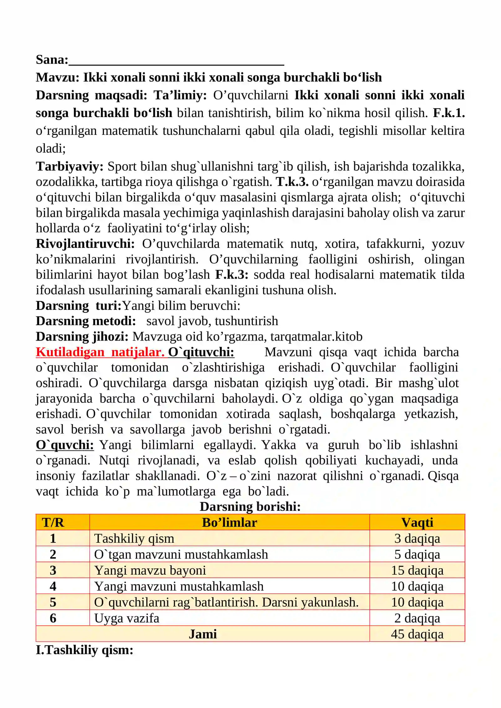 Ikki xonali sonni ikki xonali songa burchakli bo‘lish mavzusida 3-sinf Matematika fanidan dars ishlanmasi 2