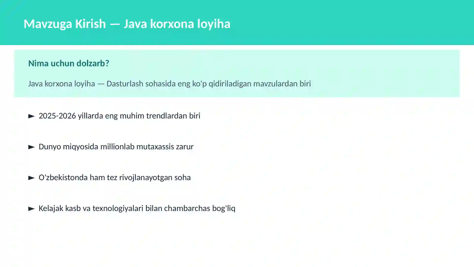 DASTURLASH | JAVA VA KORXONA 2