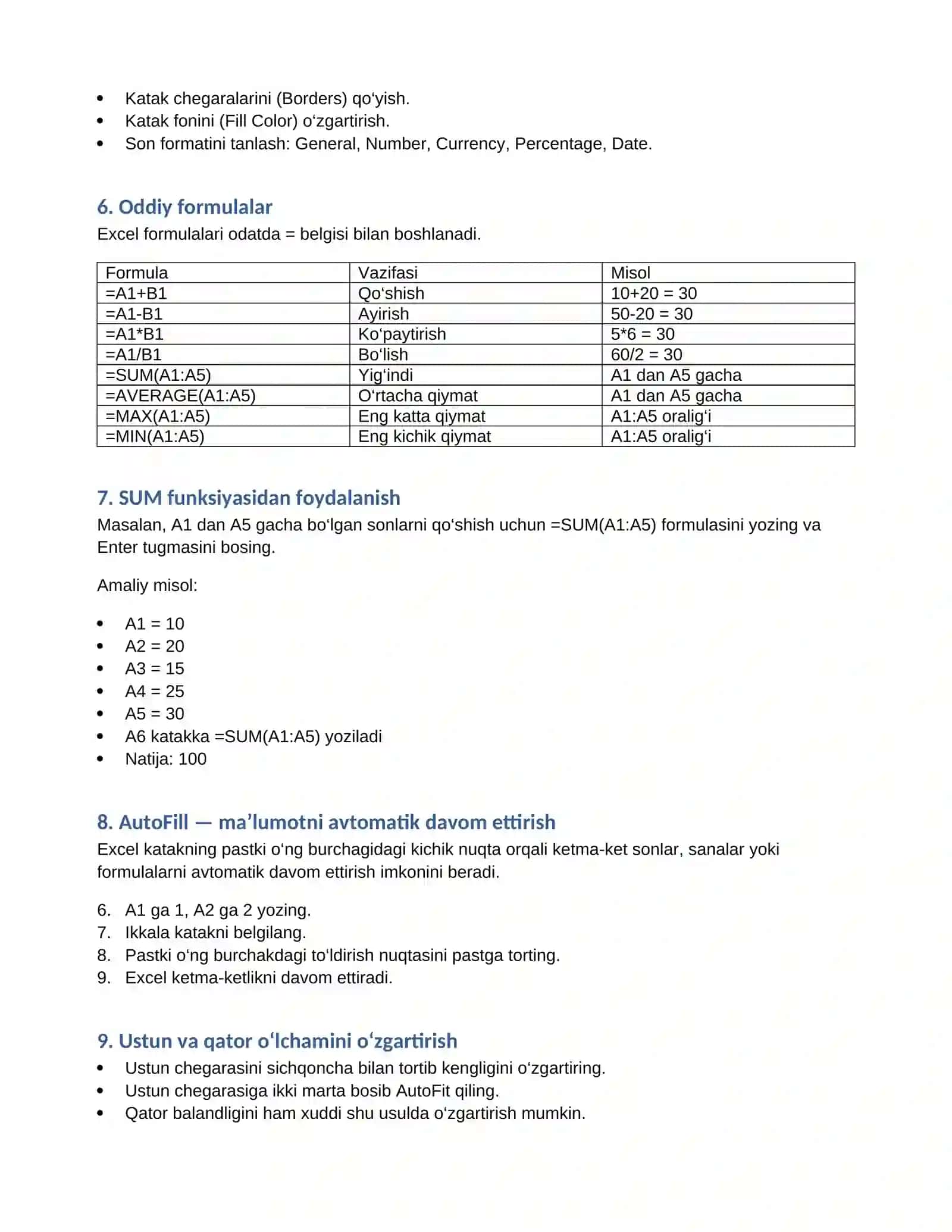 MICROSOFT EXCEL BO‘YICHA BOSHLANG‘ICH QO‘LLANMA 2