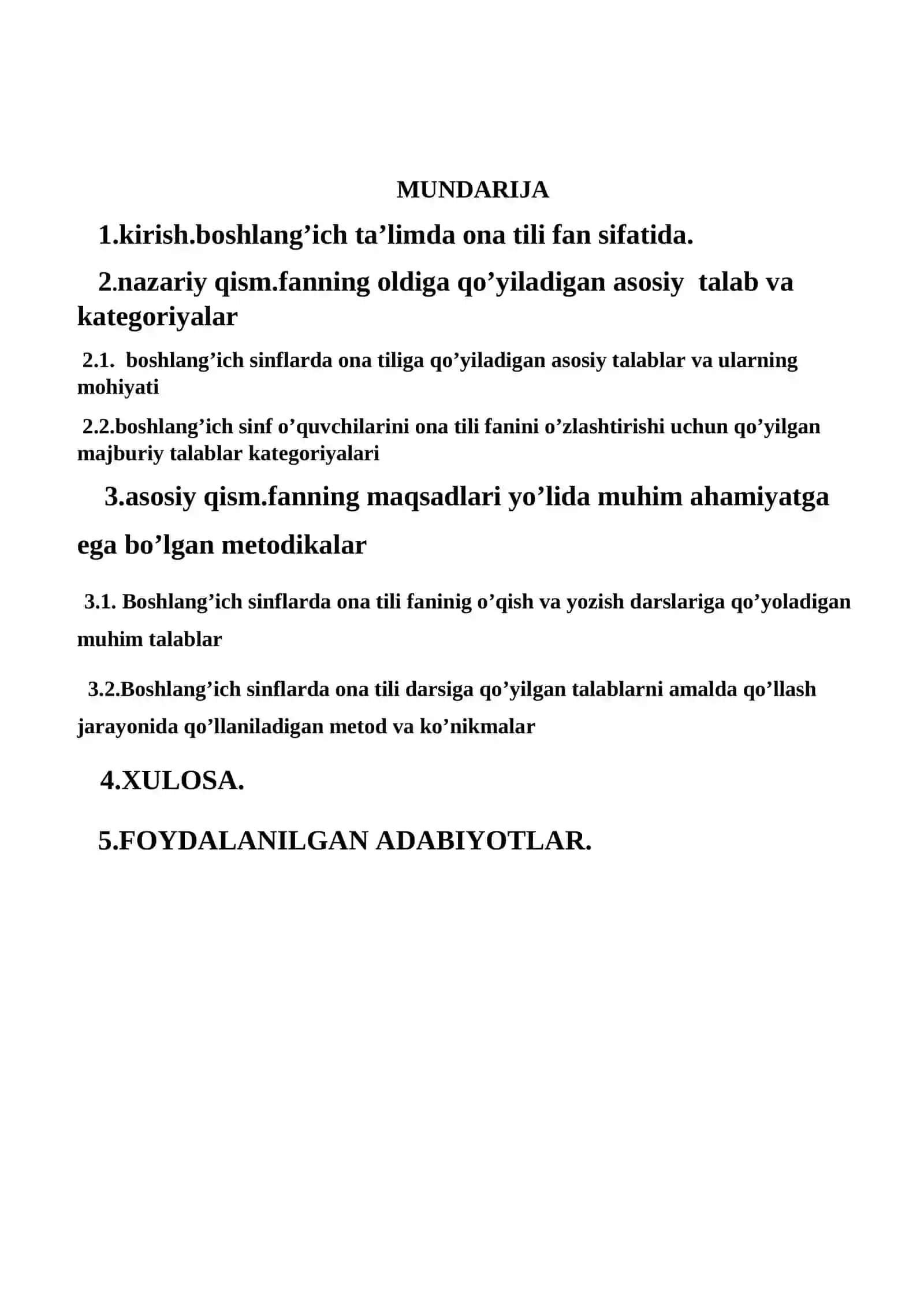 BOSHLANG’ICH SINFLARDA ONA TILI DARSLARIGA QO’YILADIGAN TALABLAR 2026 YIL 2