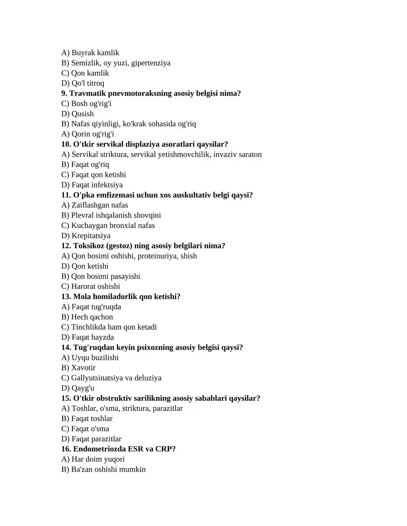 Klinik laboratoriya savollari (Terapiya, Jarrohlik, Akusherlik-ginekologiya) 2