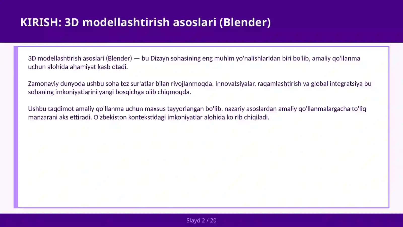 3D MODELLASHTIRISH ASOSLARI (BLENDER) 2