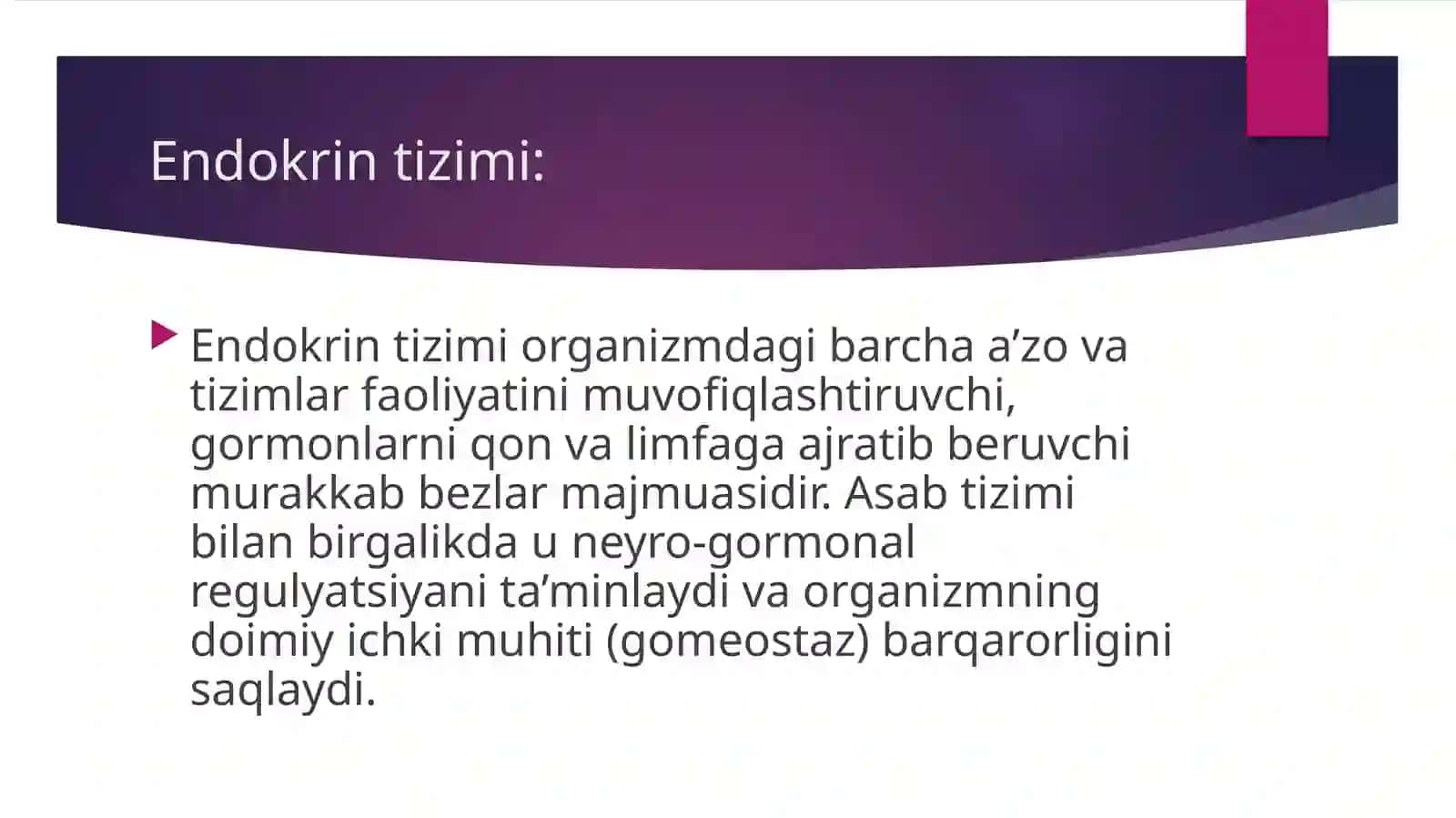 Endokrin tizimi. Gipofizning tuzilishi. Adeno- va neyrogipofiz gormonlarining biologik ta’siri. Qayt 2