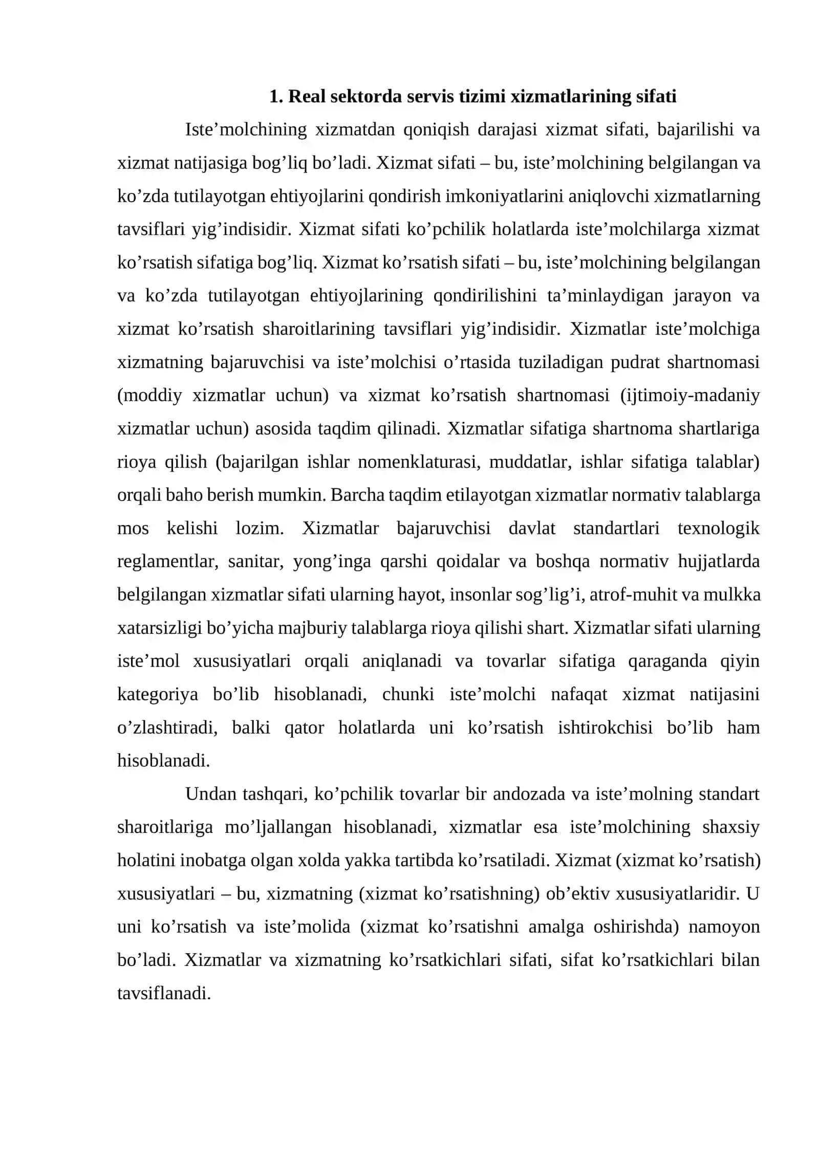 Real sektorda servis tizimi xizmatlarinig sifati va samaradorligi 2