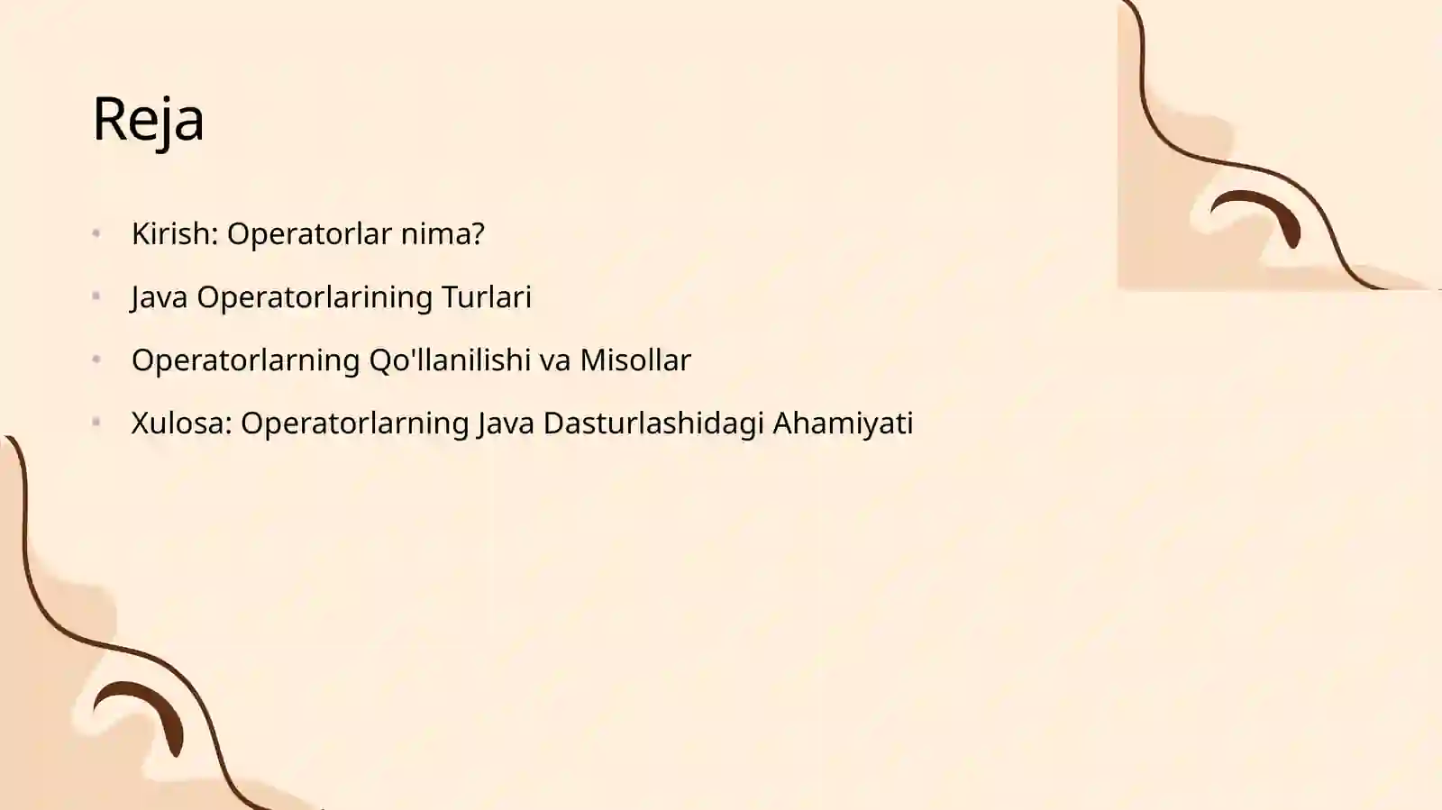 Java tili operatorlari mavzusida tayyor taqdimoti slaydi. 2