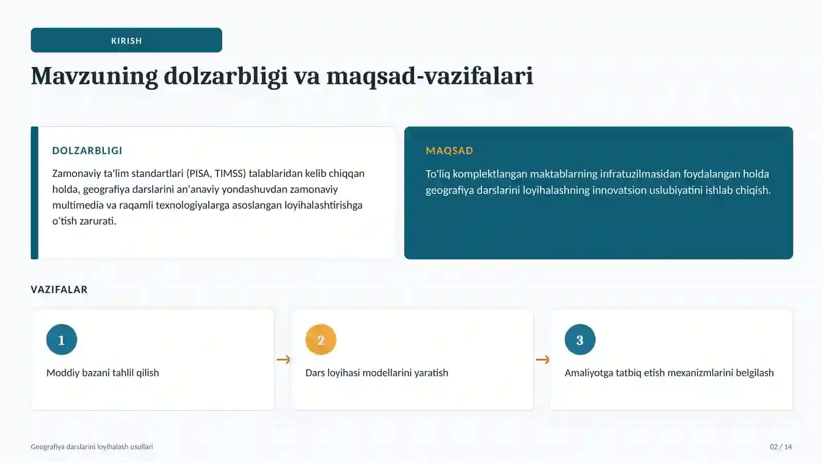 Oz komplektlangan maktablarda geografiya darslarini loyihalash usullari     To‘liq komplektlangan maktablarda geografiya darslarini loyihalash usullari To‘liq komplektlangan maktablarda geografiya darslarini loyihalash To‘liq komplektlangan maktablarda geografiya darslarini tashkil etish To‘liq komplektlangan maktablarda geografiya fanini o‘qitish metodikasi Geografiya darslarini loyihalash usullari 2