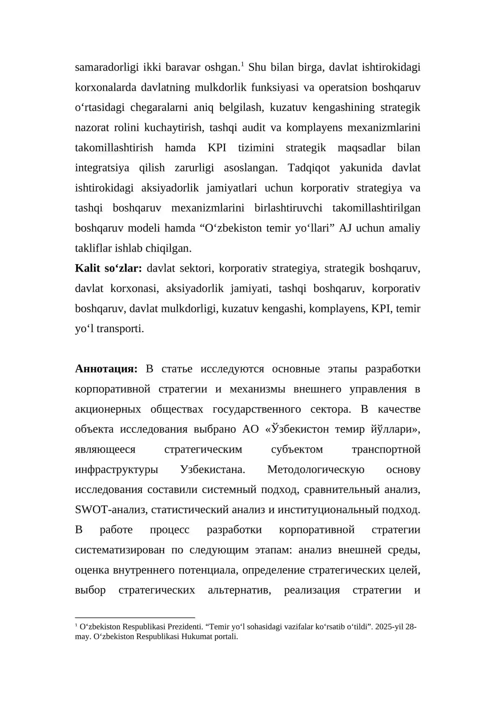 DAVLAT SEKTORIDA KORPORATIV STRATEGIYANI ISHLAB CHIQISHNING ASOSIY BOSQICHLARI VA TASHQI BOSHQARUV MEXANIZMLARI: “O‘ZBEKISTON TEMIR YO‘LLARI” AJ MISOLIDA 2
