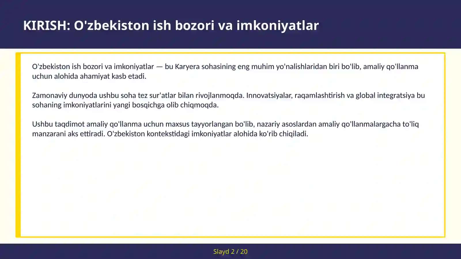 O'ZBEKISTON ISH BOZORI VA IMKONIYATLAR 2