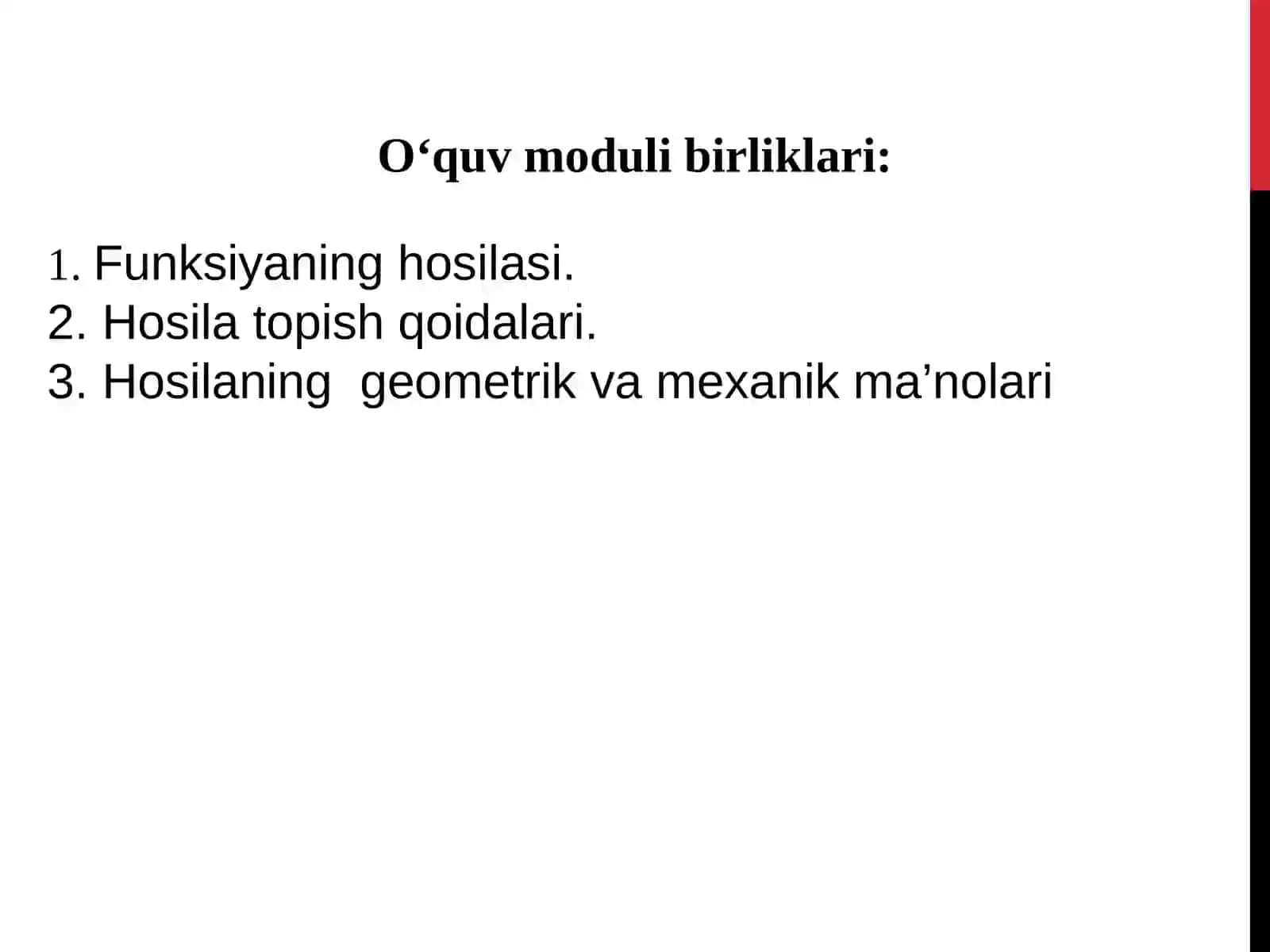 HOSILANING TA’RIFI, UNING GEOMETRIK VA MEXANIK MA’NOSI. FUNKSIYA GRAFIGIGA O’TKAZILGAN URINMA VA NORMAL TENGLAMALARI 2
