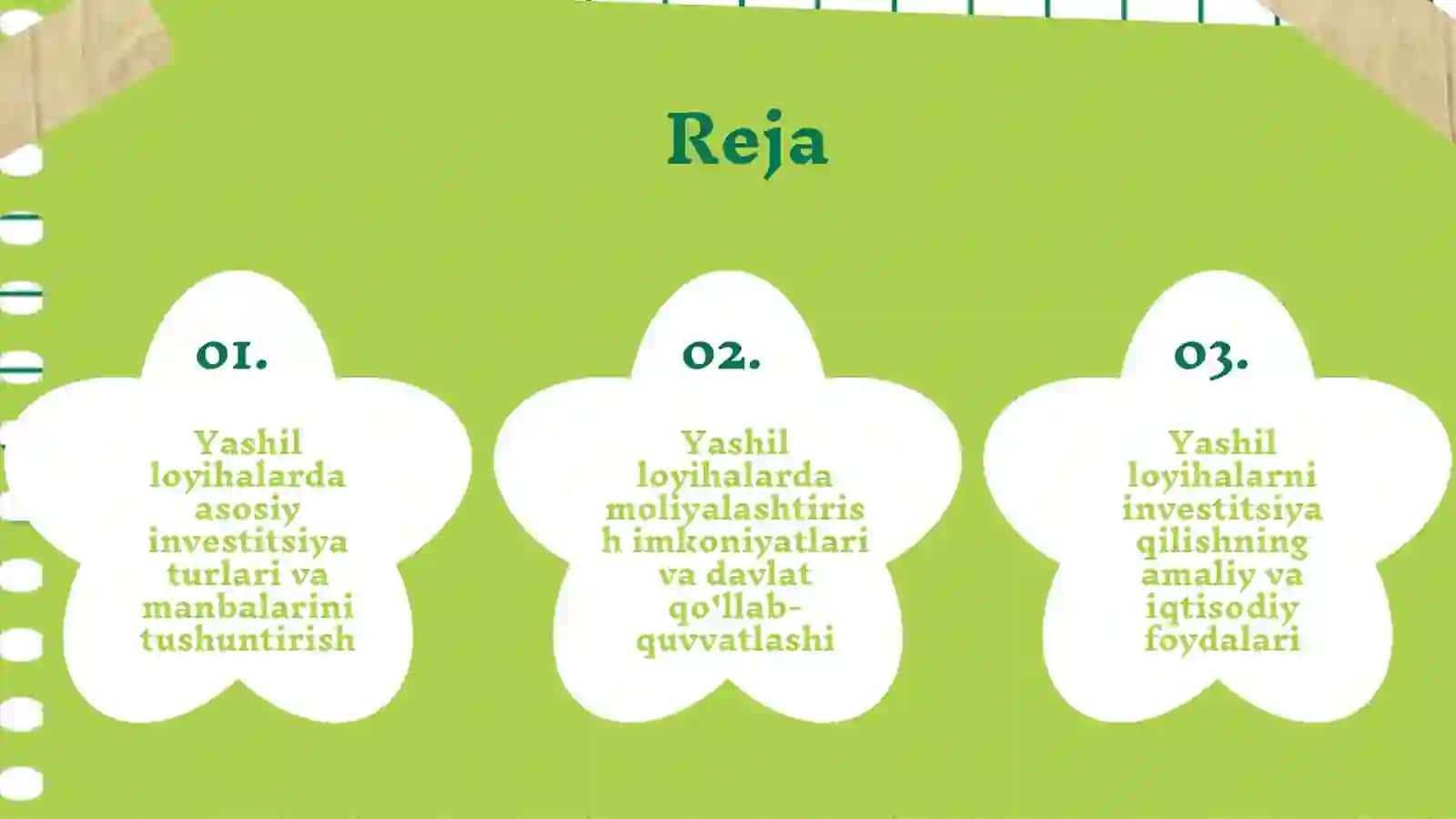 Yashil loyihalarni investitsiyalash yo'nalishlari 2