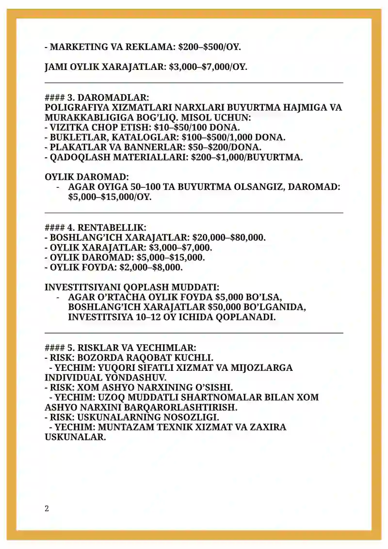 Poligrafiya Xizmati Biznes Rejasi 2
