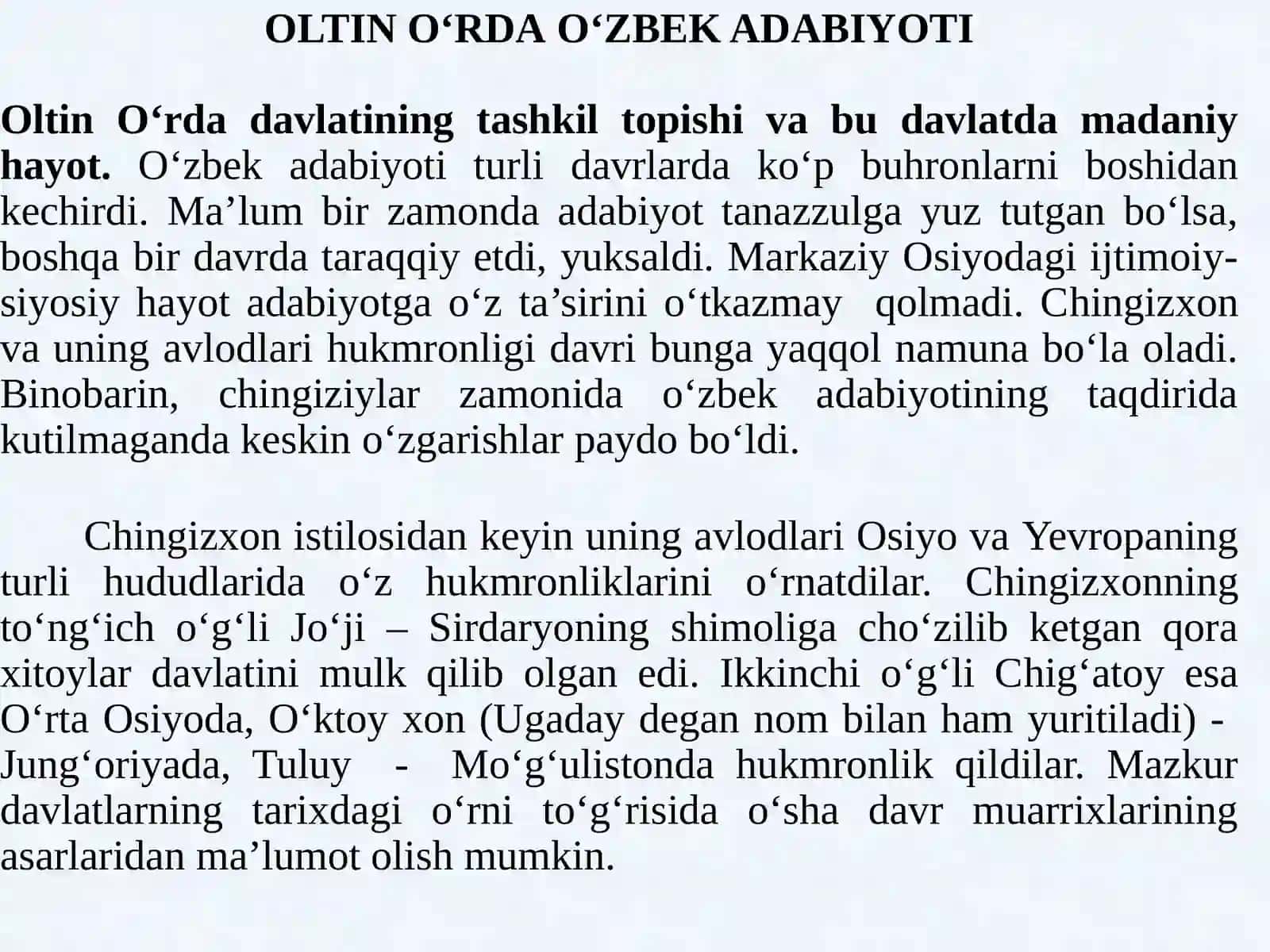 OLTIN O‘RDA O‘ZBEK ADABIYOTI(QUTB XXORAZMIY “XUSRAV VA SHIRIN” ASARINING YARATILISHI) 2