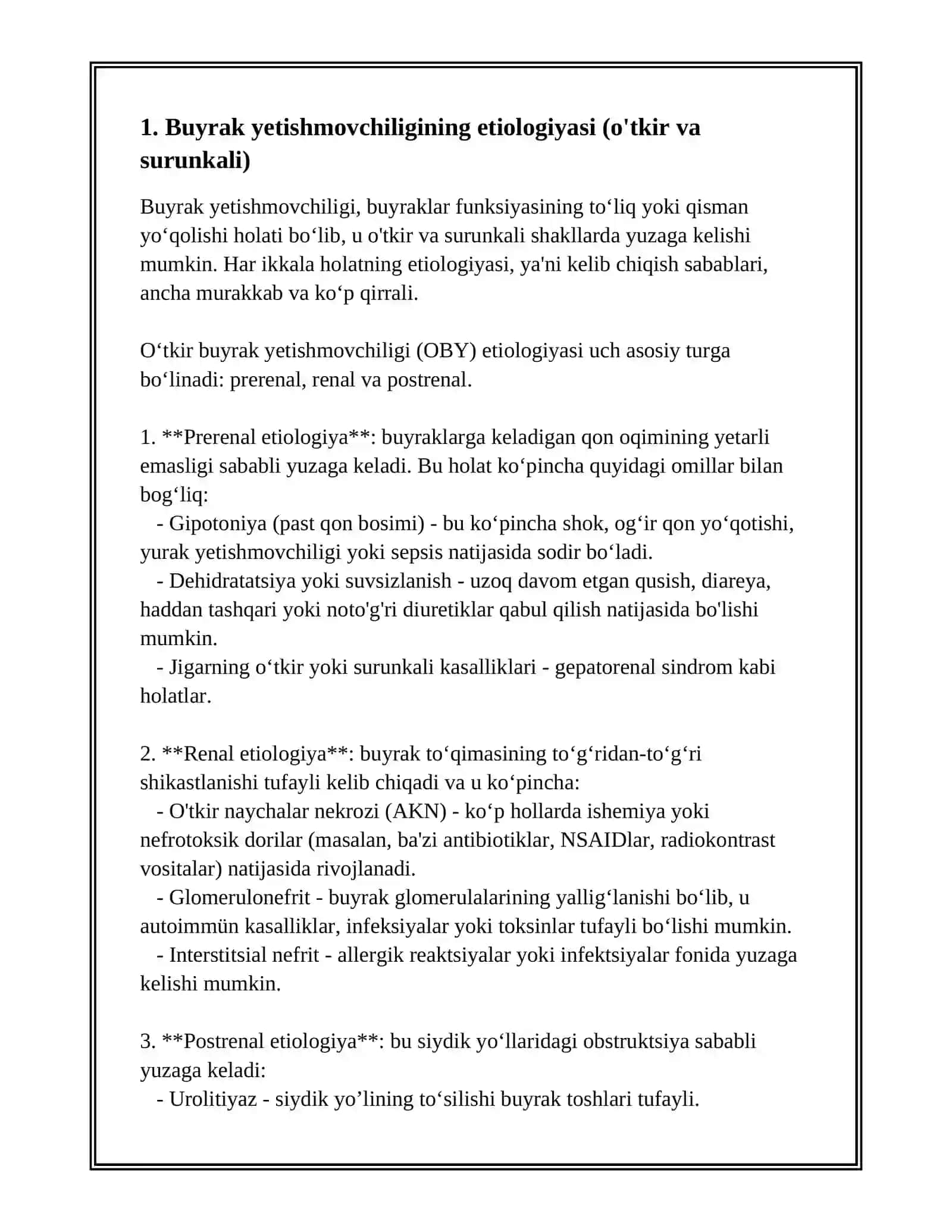 BUYRAK YETISHMOVCHILIGI (O'TKIR VA SURUNKALI) SIMPTOMATOLOGIYASI VA DIAGNOSTIKASI DAVOLASH PRITSIPI VA PROFILAKTIKASI 2