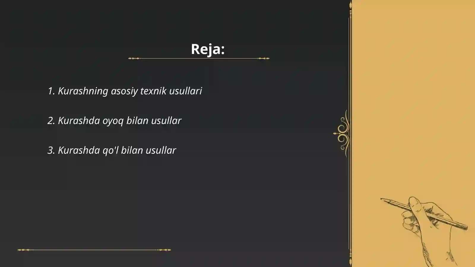 Kurash boyinsha texnikaliq usullardin orinlaniwi haqqinda tusinik 2