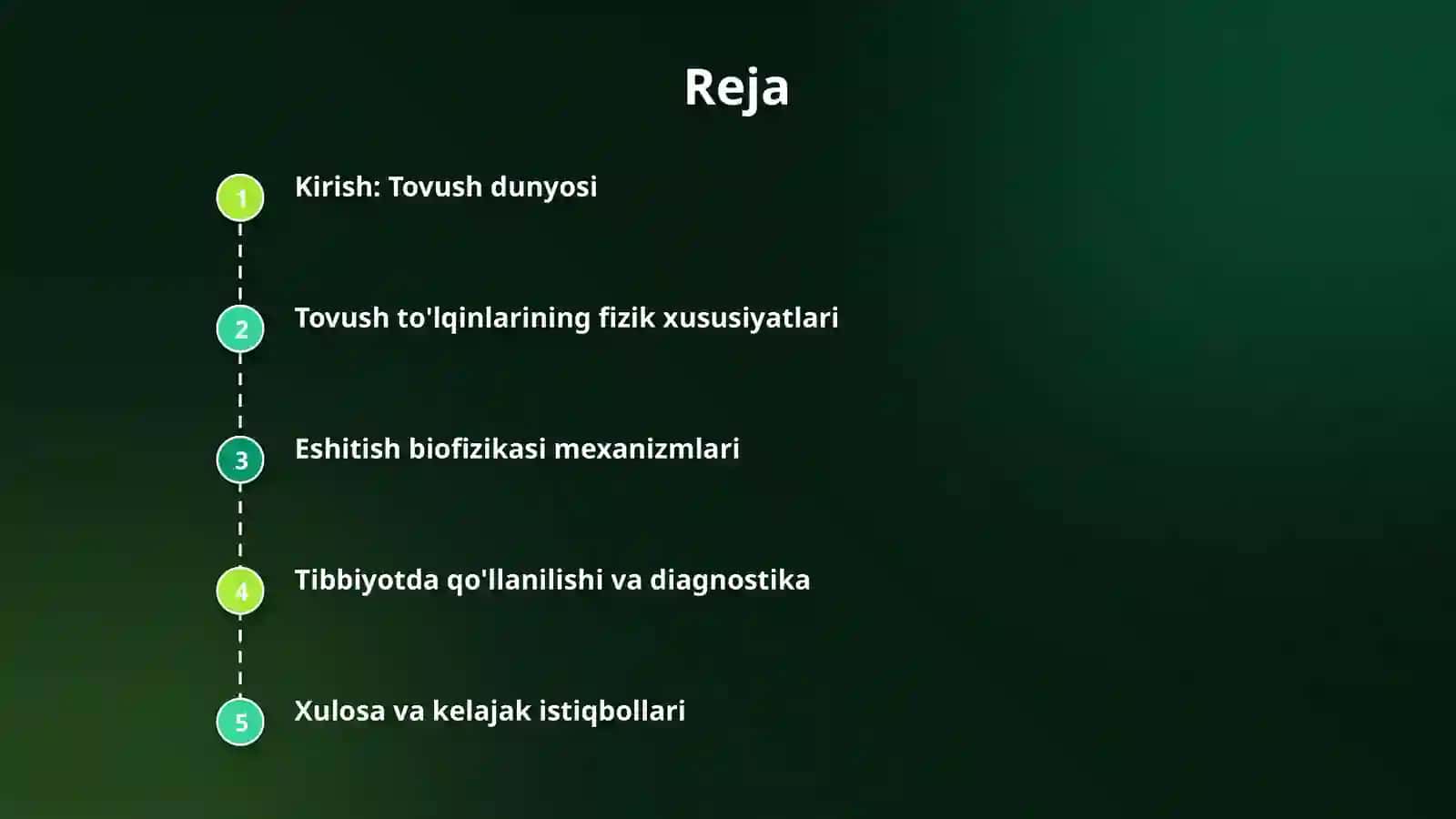 Tovush to’lqinlarining tabiati.Tovushning fizik xarakteristikalari.Eshitish biofizikasi.Og’riq va eshitish bo’sag’alari.Tibbiyotda tovush diagnostikasi.Rezonans, 2