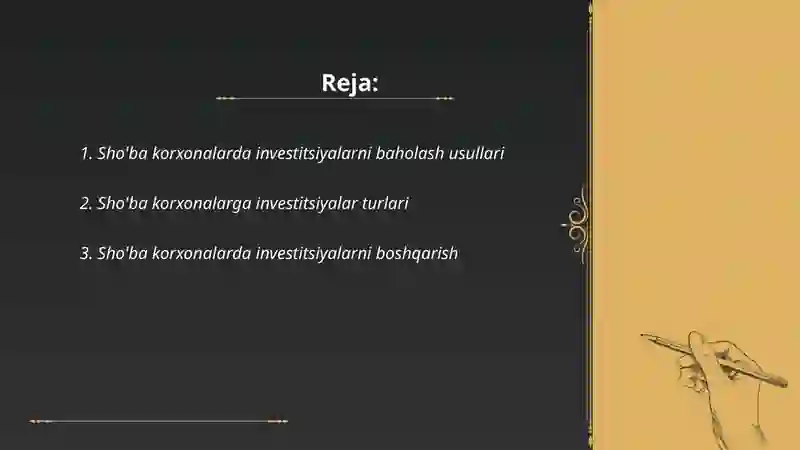 Sho'ba korxonalarda investitsiyalarni baholash usullari 2