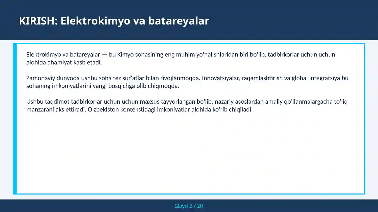 Elektrokimyo va batareyalar 2