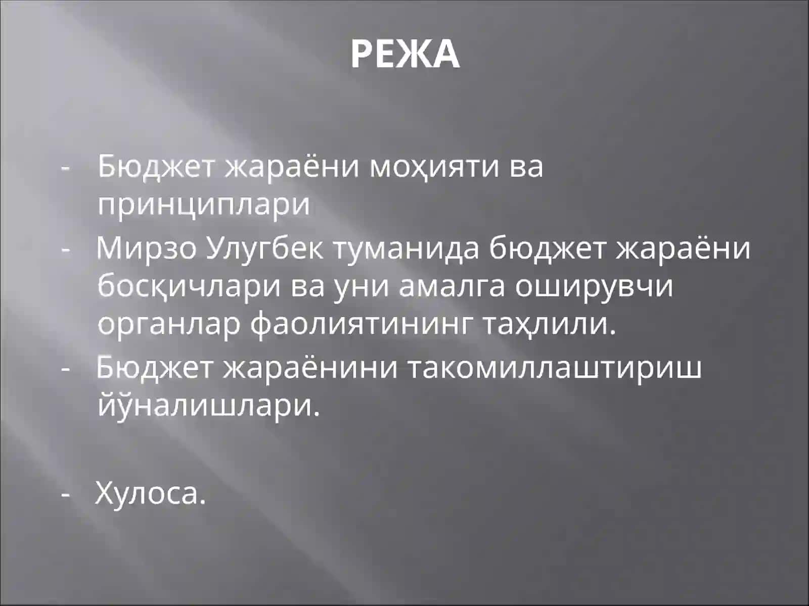 Мирзо Улугбек туманида бюджет жараёни босқичлари ва уни амалга оширувчи органлар фаолиятининг таҳлили 2