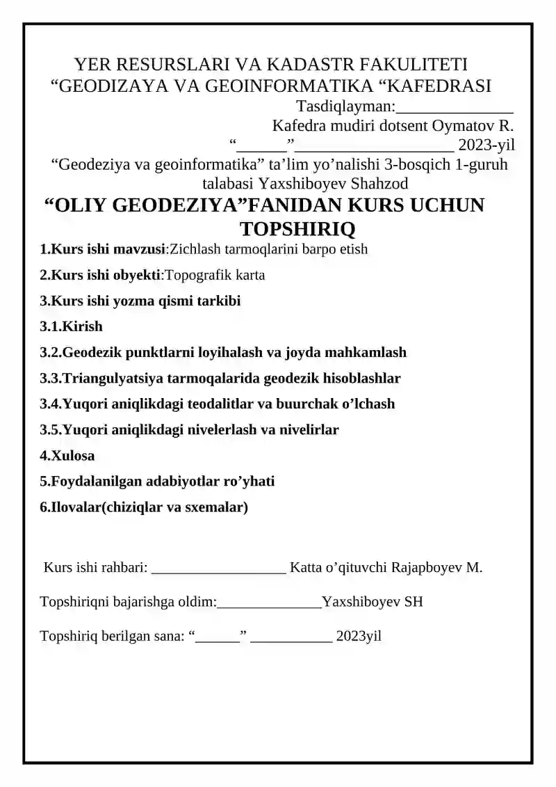OLIY GEODEZIYA FANIDAN KURS UCHUN TOPSHIRIQ 2