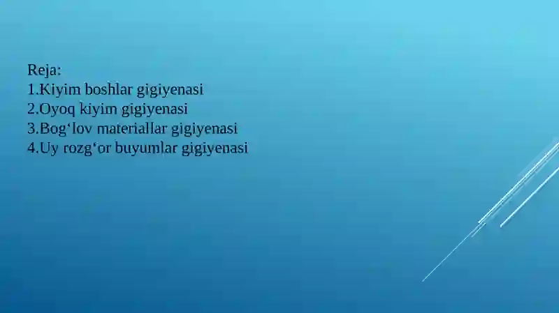 Kiyim boshlar va oyoq kiyimlari gigiyenasi. Kundalik turmushda foydalaniladigan sintetik polimer materiallardan tayyorlangan uy-ro‘zg‘or buyumlari, bog‘lov materiallari, idishlarni qo‘llash gigiyenasi 2