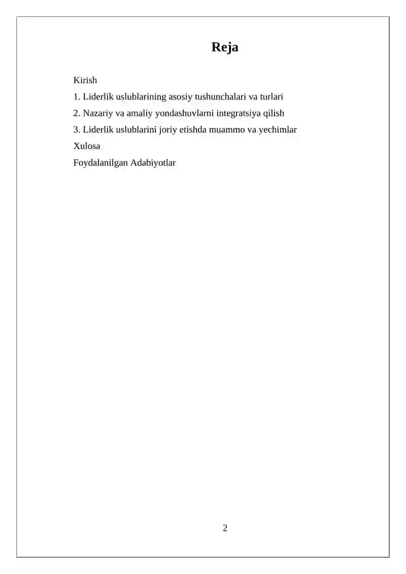 Jamoada Liderlik Uslublarini Organish va Amaliyotga Joriy Etish 2