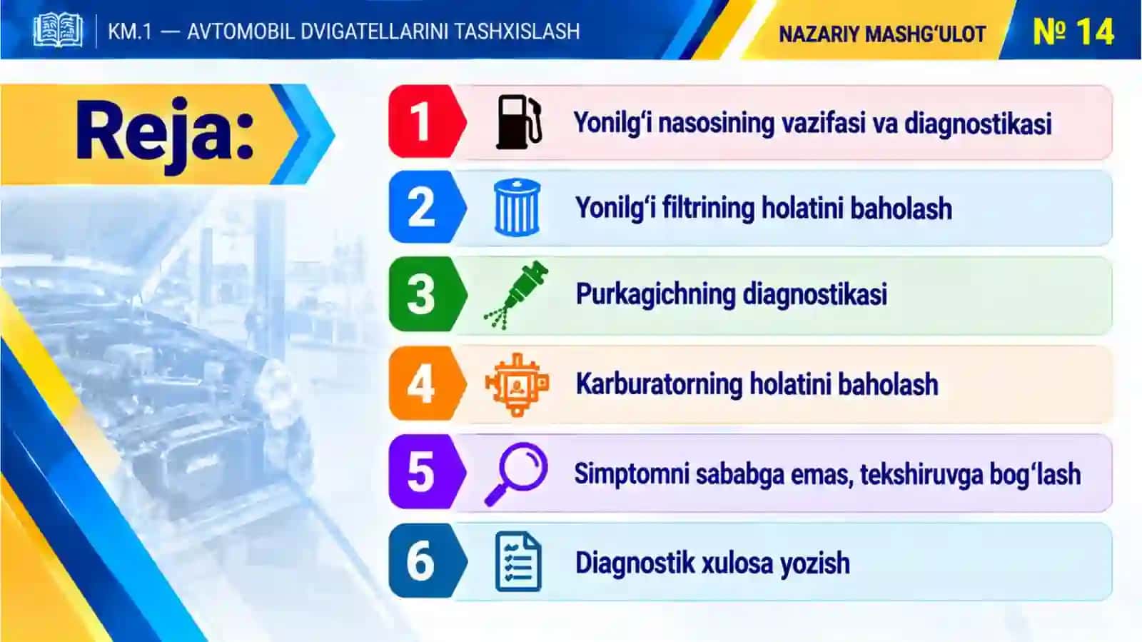 KM1_14-mavzu. Yonilg‘i nasosi, purkagich,karburator va filtrlar holatini baholash 2
