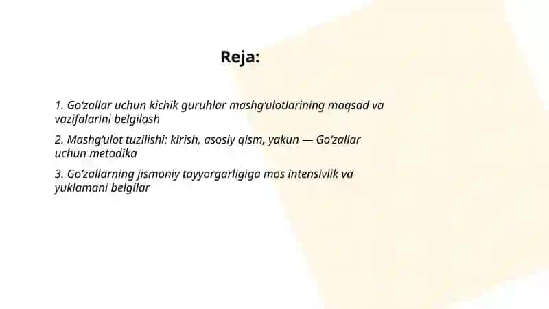 Kichik guruhlarda jismoniy tarbiya mashg‘ulotlarini o‘tkazish metodikasi. 2