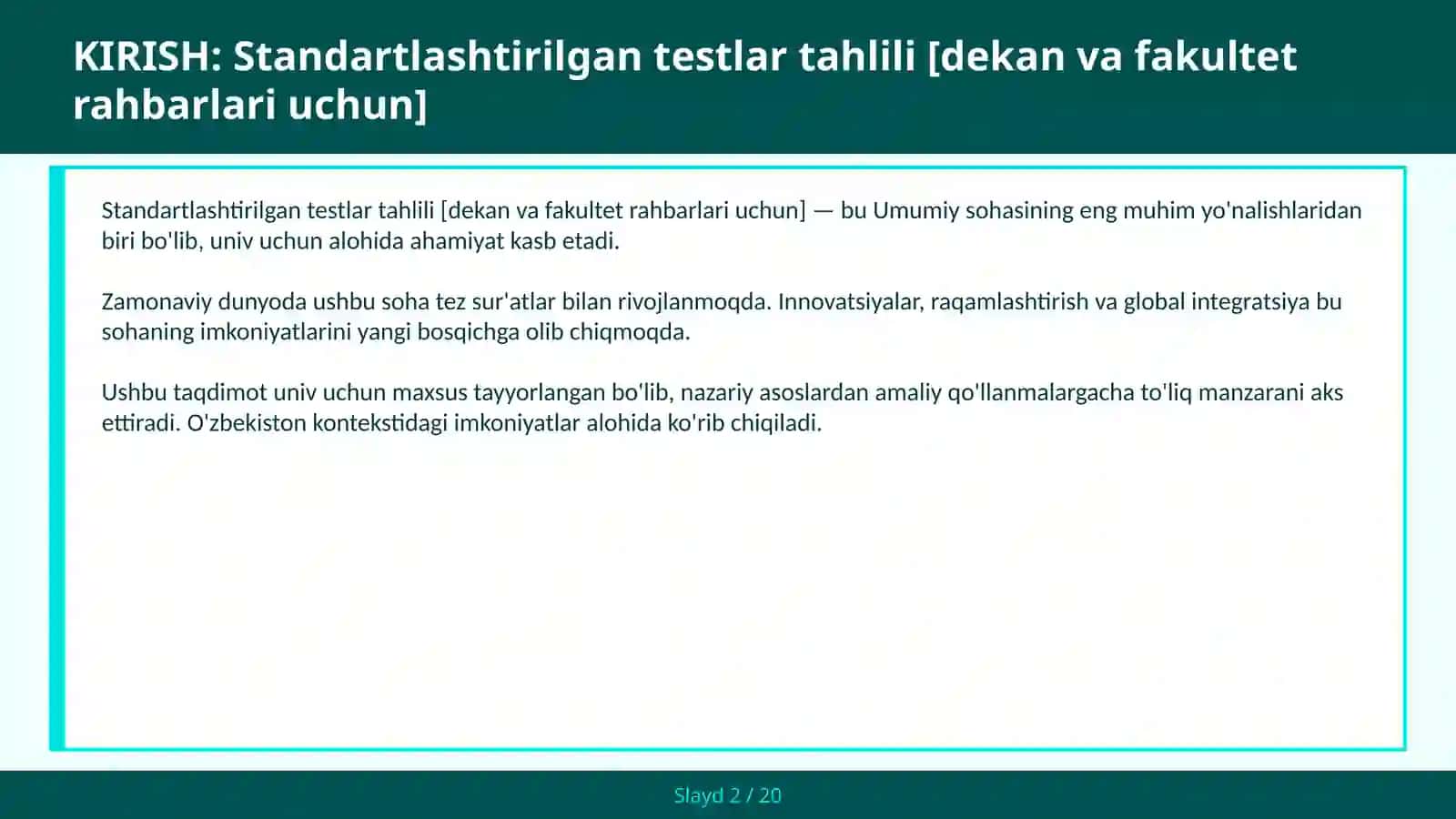 Standartlashtirilgan testlar tahlili [dekan va fakultet rahbarlari uchun] 2