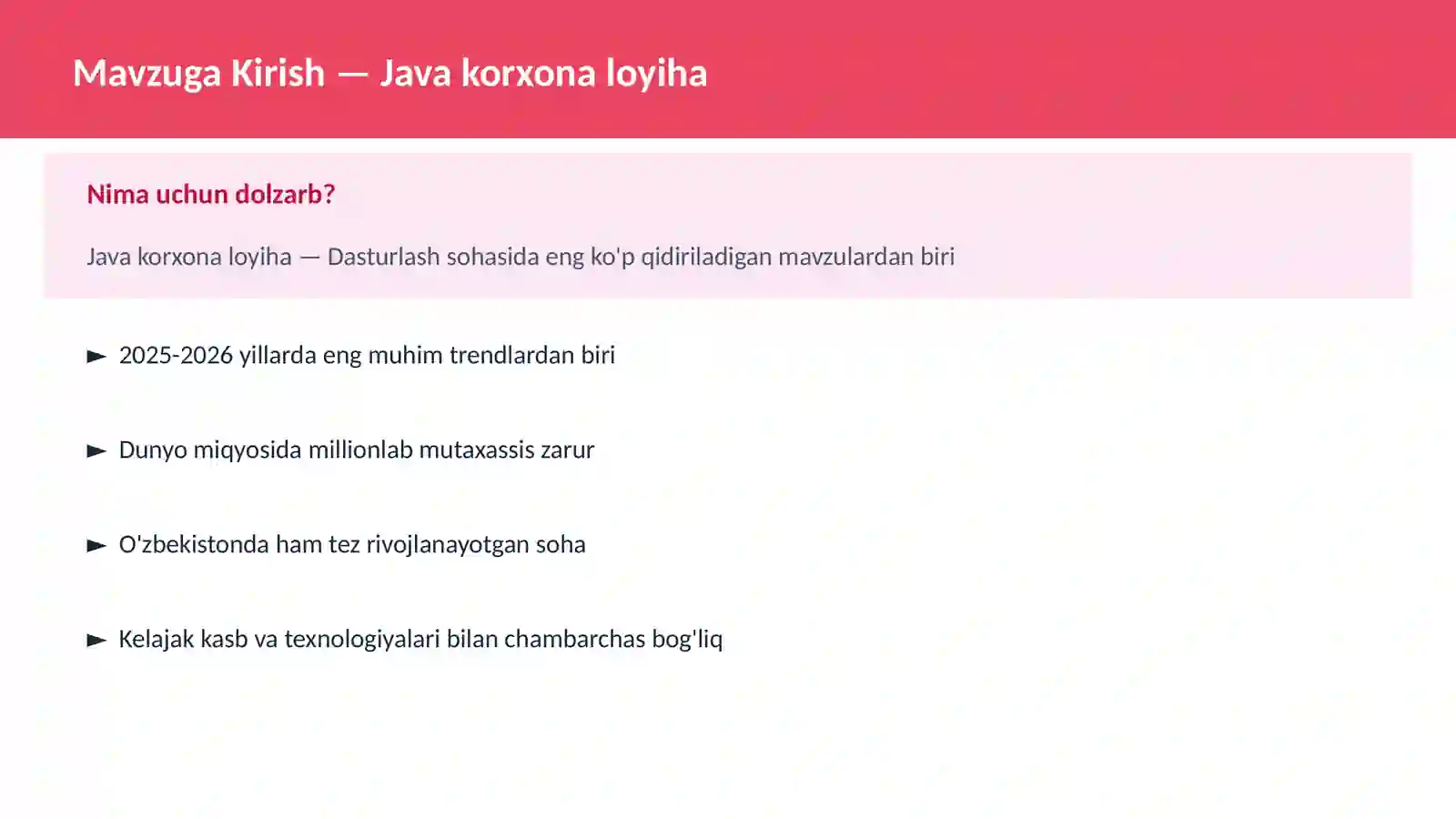 DASTURLASH | JAVA VA KORXONA 2
