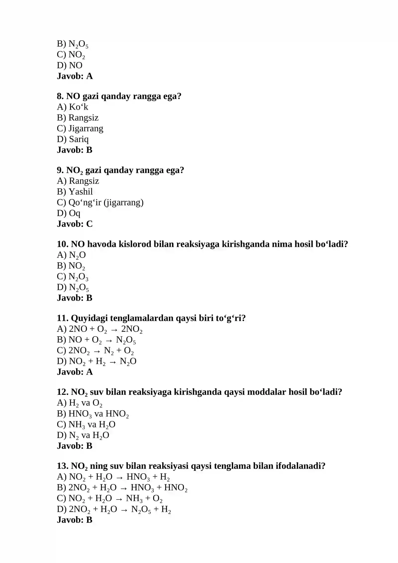 Azotning kislorodli birikmalari testlar 2
