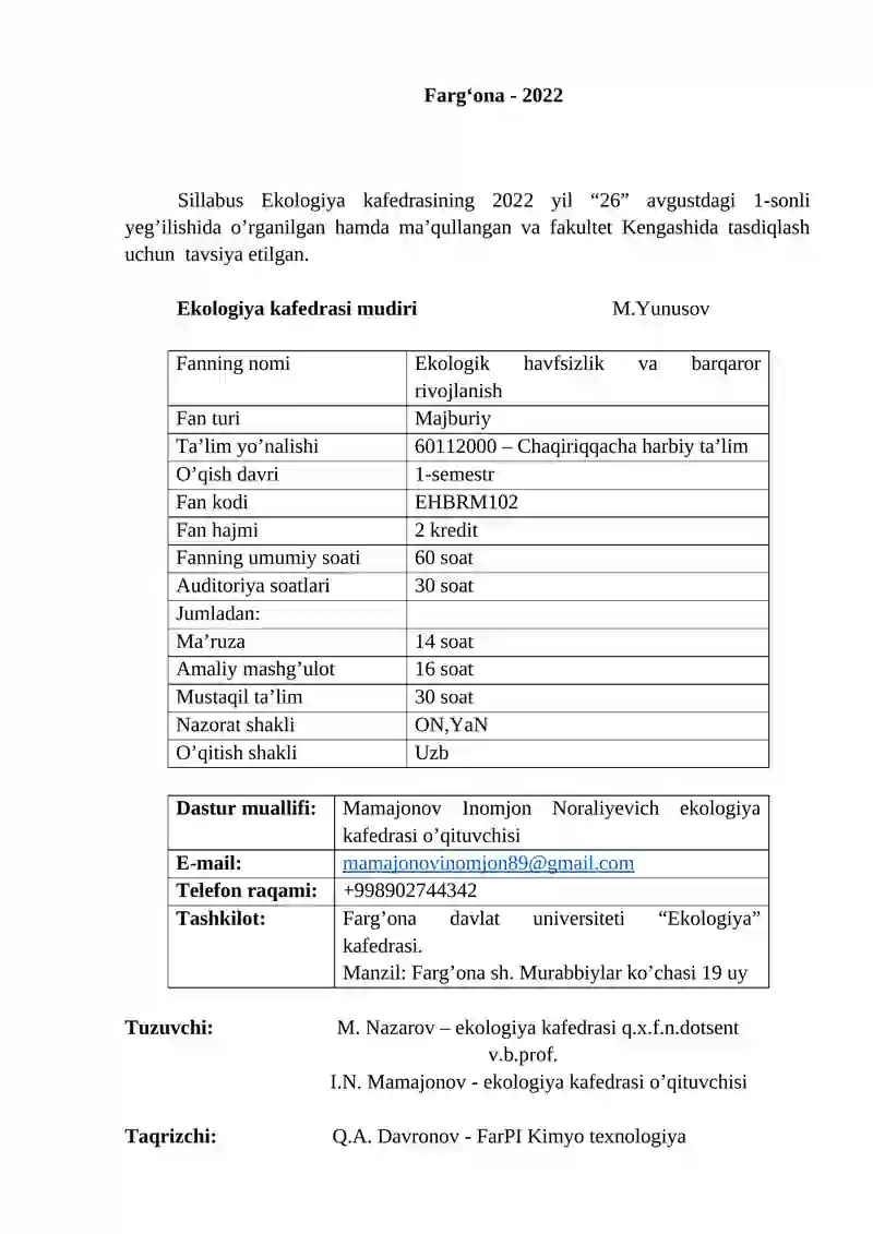 Ekologik havfsizlik va barqaror rivojlanish 2