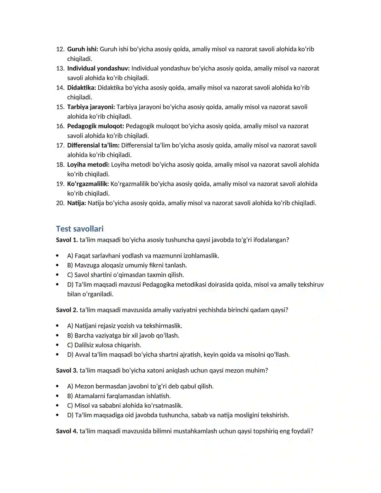 Pedagogika metodikasi — 100 test javoblari bilan 2